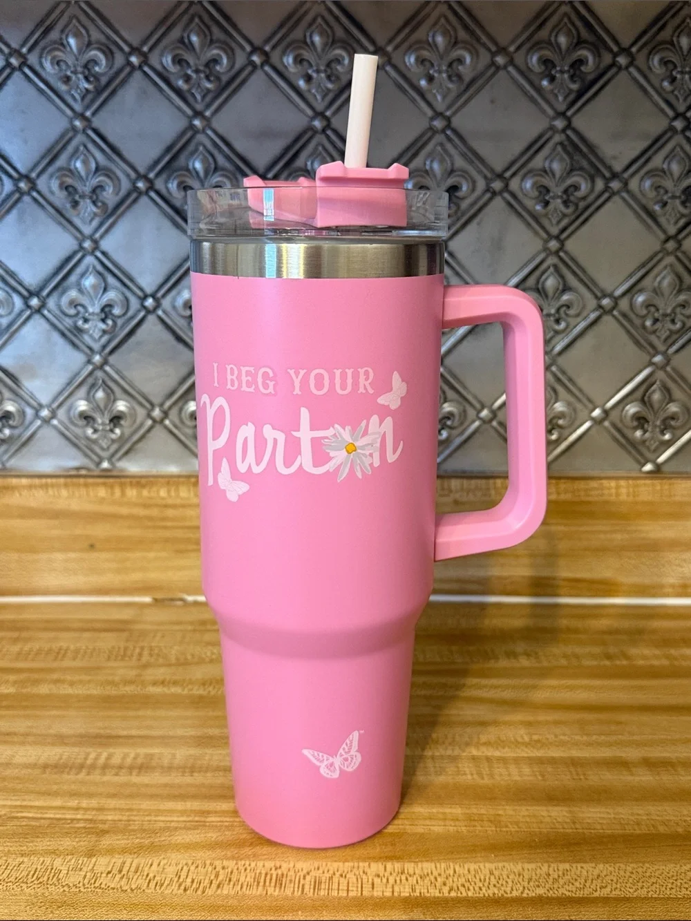 Unlisted Pink Insulated Travel Mug with Handle and Straw - 'I Beg Your Parton'